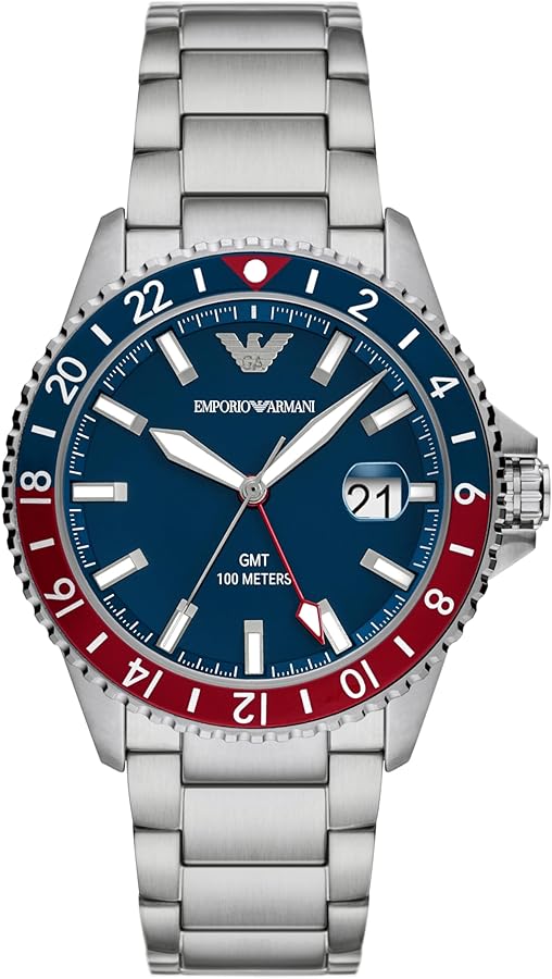 Emporio Armani Men's GMT Dual Time Silver Stainless Steel Bracelet Watch AR11590