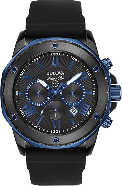 Bulova Men's Marine Star Series A Black and Blue Ion-Plated Stainless Steel 6-Hand Chronograph Quartz Watch, Black Silicone Strap, 40mm Style: 98B308