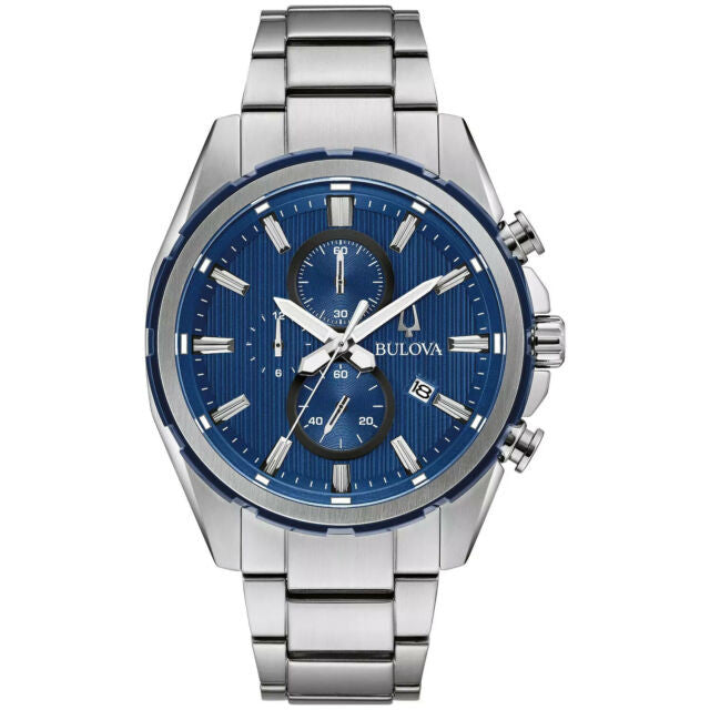 Bulova Mens Luxury Chronograph Blue Dial Stainless Steel Watch 98A259