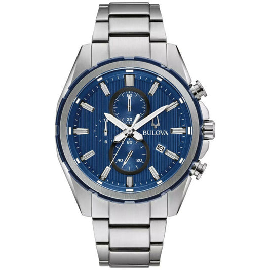 Bulova Mens Luxury Chronograph Blue Dial Stainless Steel Watch 98A259