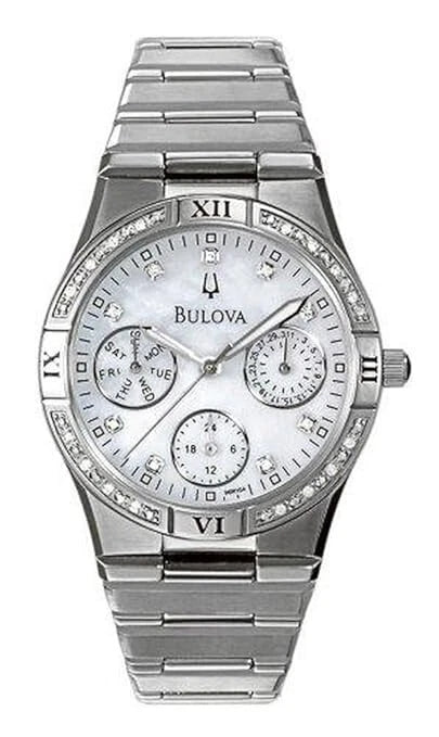 BULOVA 96R104 DIAMOND LADIES SS SILVER WATCH CHRONOGRAPH CALENDAR MOP DIAL